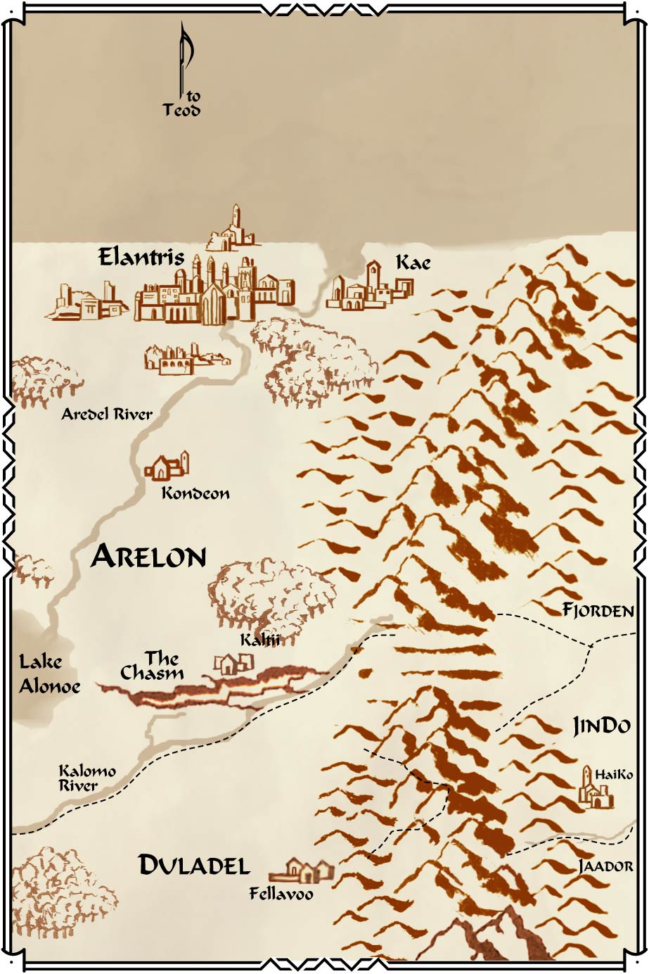 Mapa original de Arelon, 1a edición, creado por Brandon Sanderson y Jeff Creer