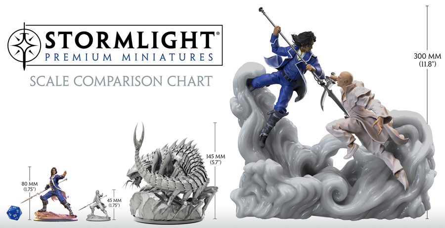 PREVIEW - Stormlight Premium Miniatures - Comparativa del tamaño entre Kaladin, un abismoide y la estatua de Kaladin luchando contra Szeth