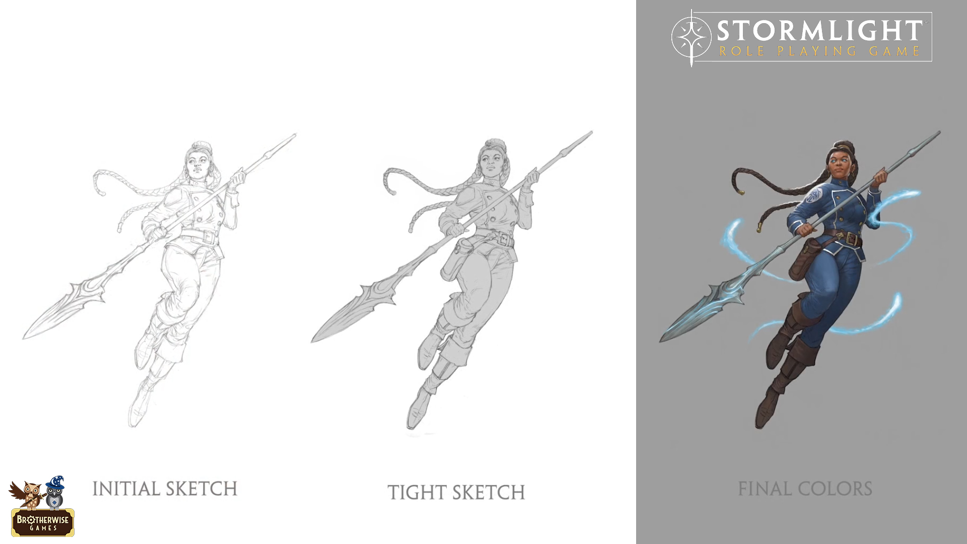 Stormlight Role Playing Game - Evolución del diseño de la Corredora del Viento azishiana desde el boceto a la ilustración a color