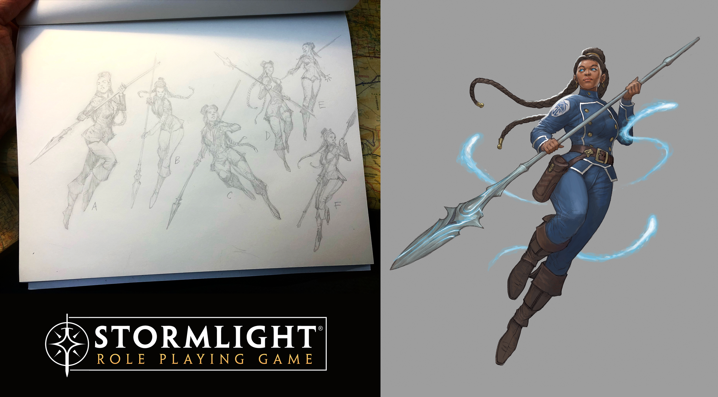 Stormlight Role Playing Game - Diferentes bocetos de poses iniciales para la Corredora del Viento azishiana
